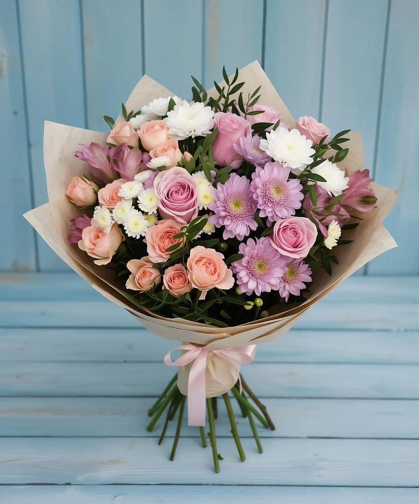 Букет цветов из: Хризантемы, Розы и Альстромерии в Таежный