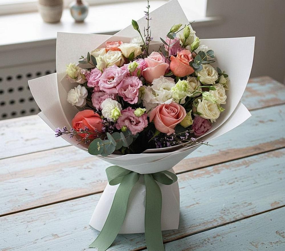 Букет цветов из: Розы, Лизиантусы и Гвоздики в Таежный