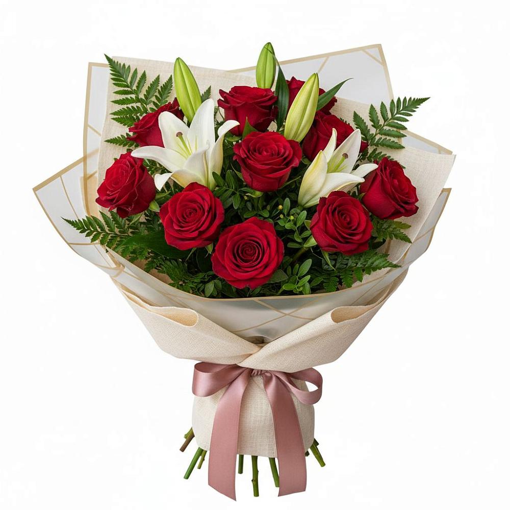 Букет цветов из: Лилии и Розы в Таежный