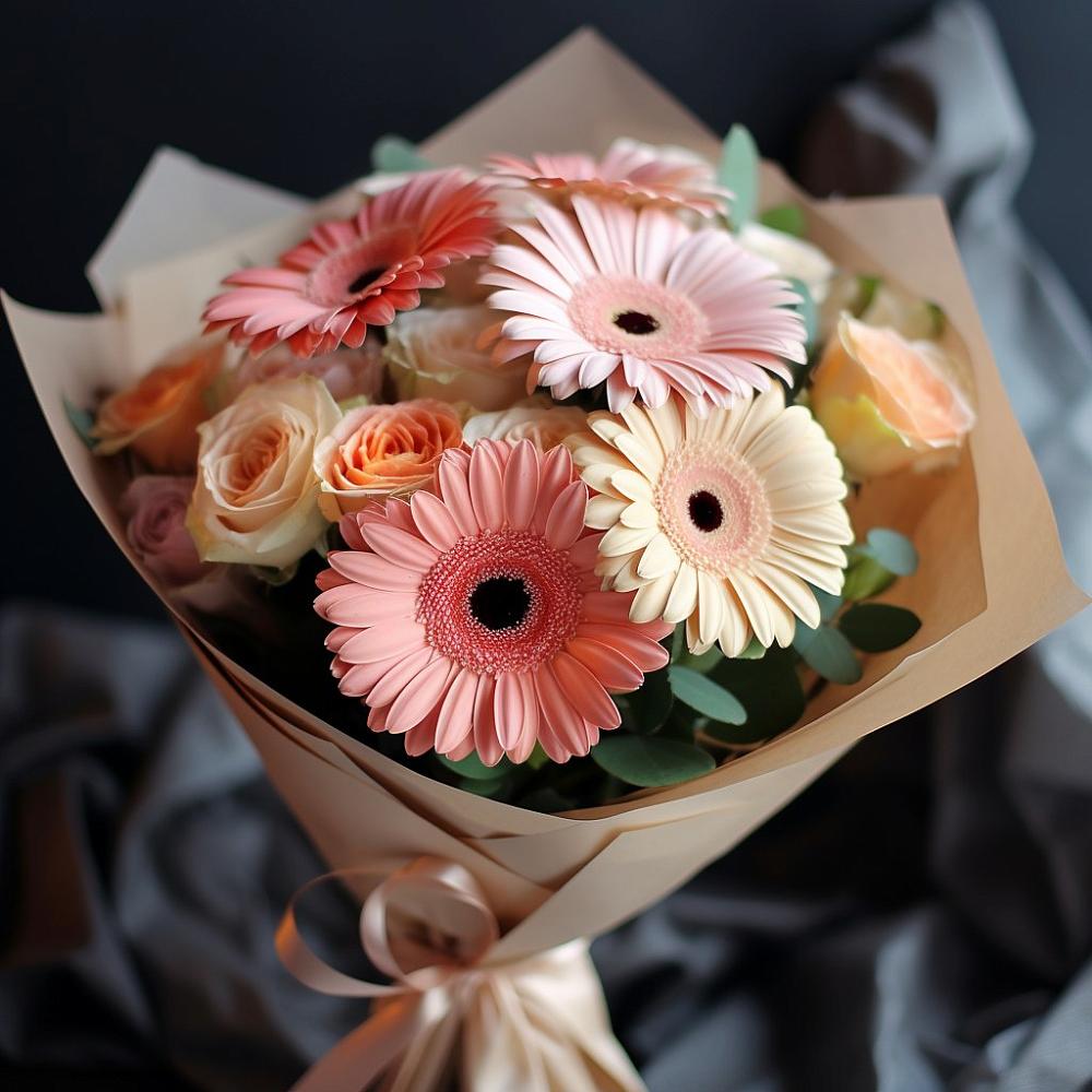 Букет цветов из: Герберы и Розы в Таежный