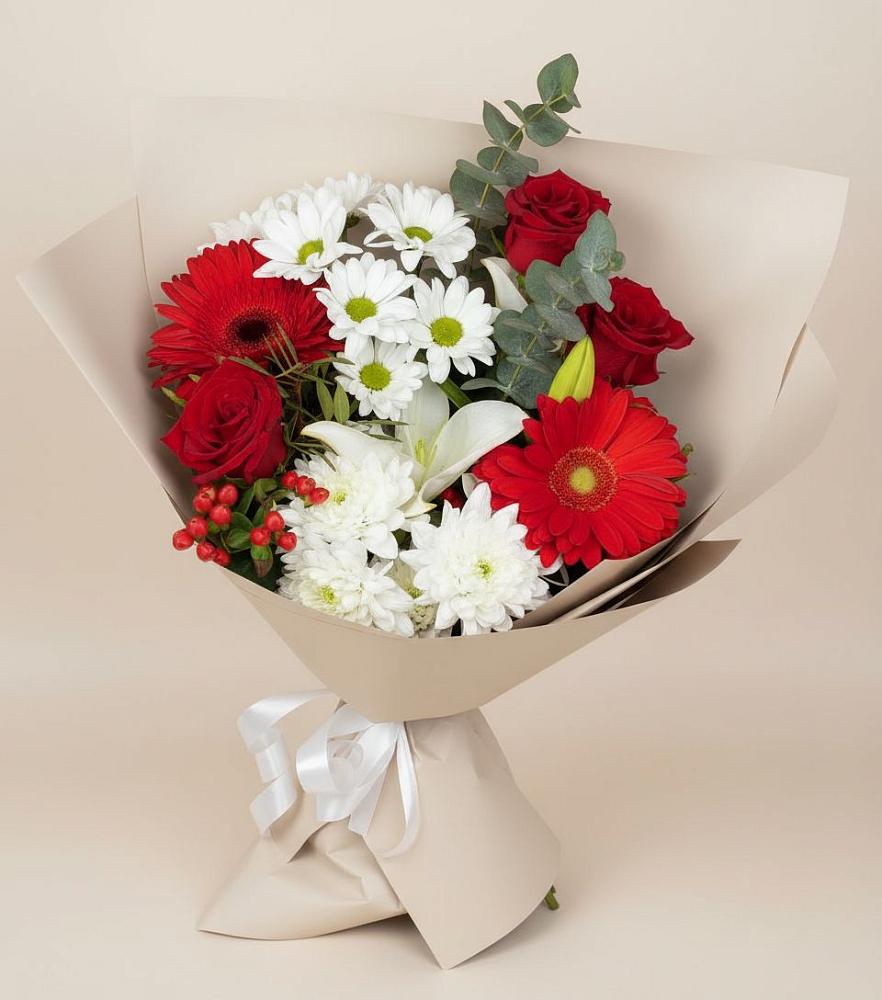 Букет цветов из: Розы, Хризантемы, Герберы и Лилии в Таежный