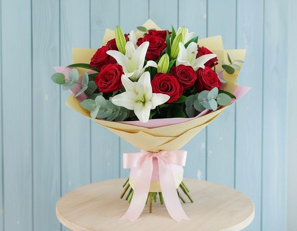 Букет цветов из: Лилии и Розы в Таежный