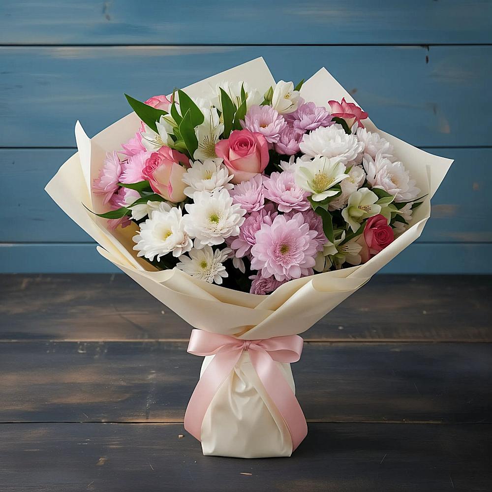 Букет цветов из: Хризантемы, Альстромерии и Розы в Таежный